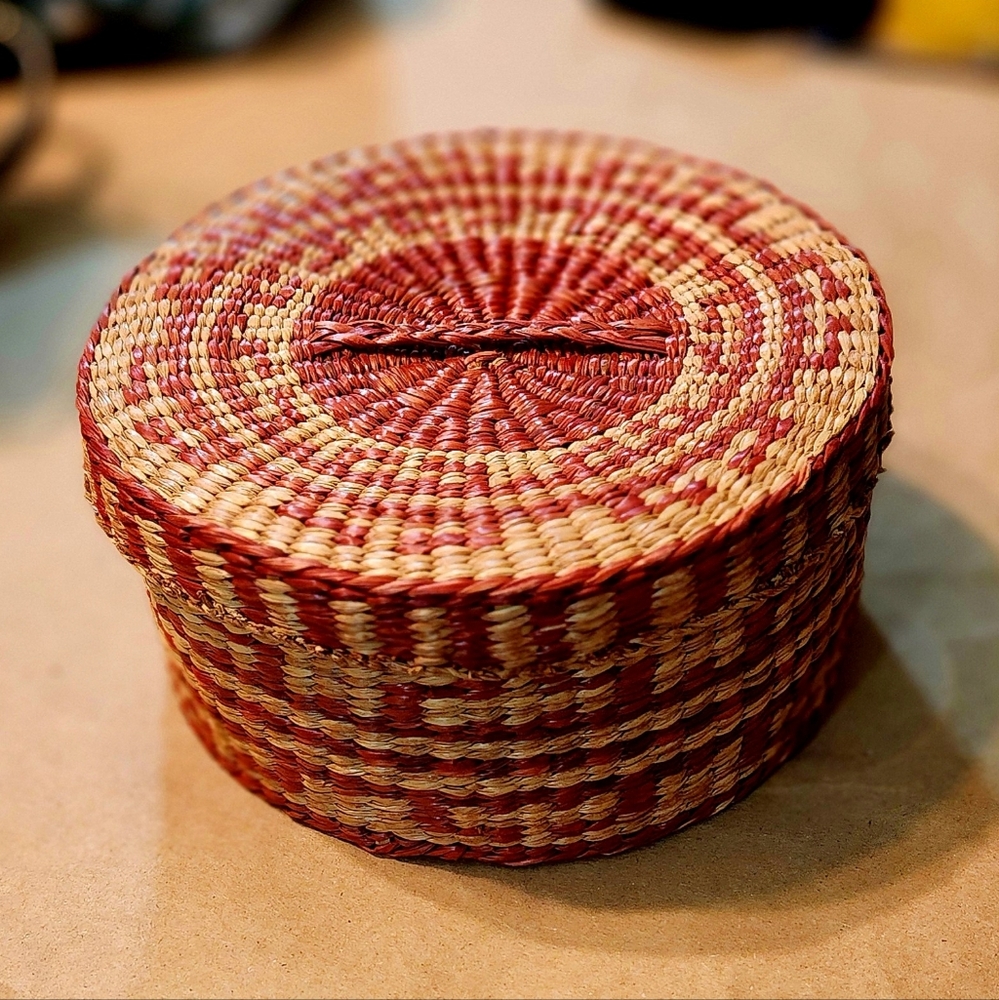 Handwoven Basket Antique Red and Tan Ash Splint and Sweet Grass Vintage